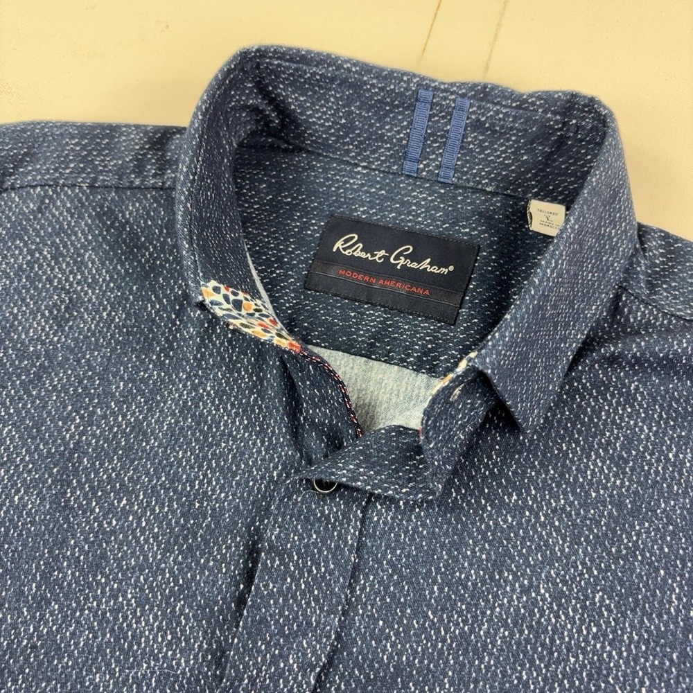 Robert Graham Shirt Mens Large Blue Knit Geometric Long Sleeve Button Up Stretch
